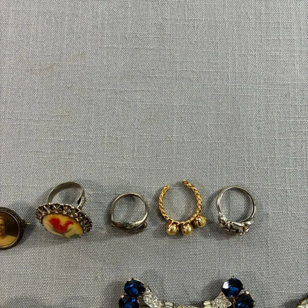 Vintage Costume Jewelry Lot Rhinestone Brooches Pins Rings Floral Portrait
